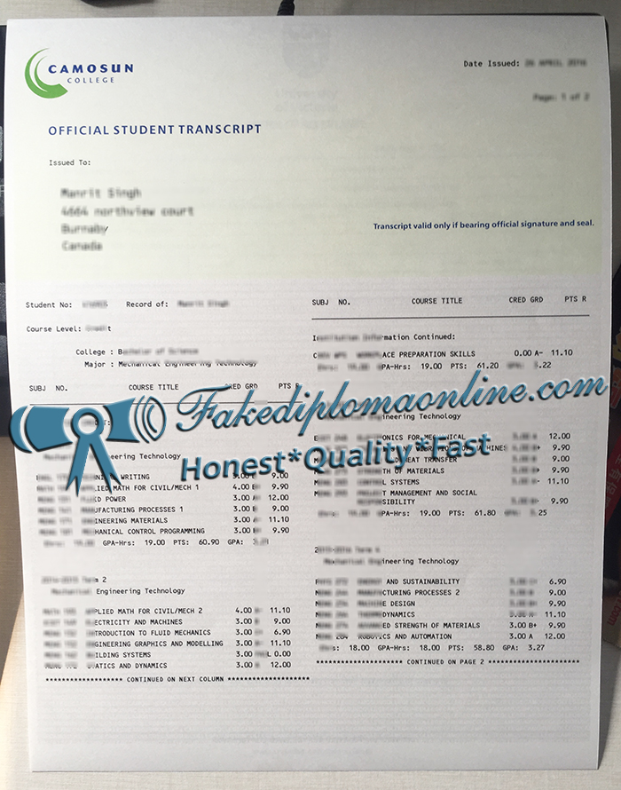 Camosun College official transcript