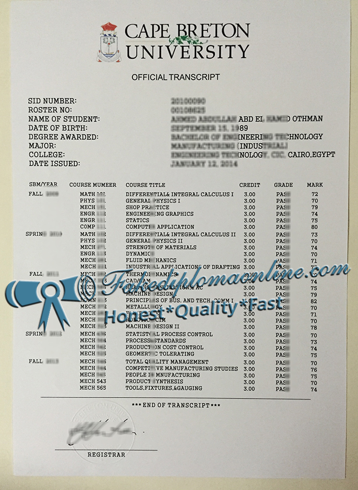 Cape Breton University official transcript