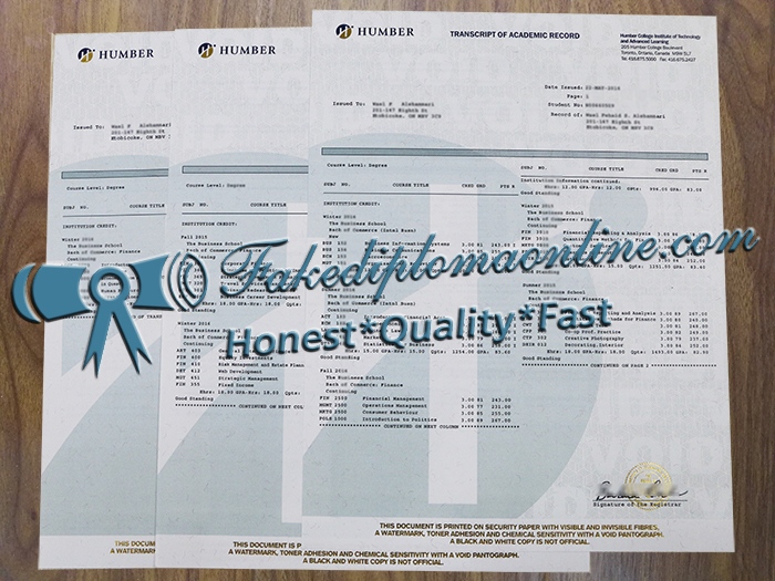 Humber College transcript