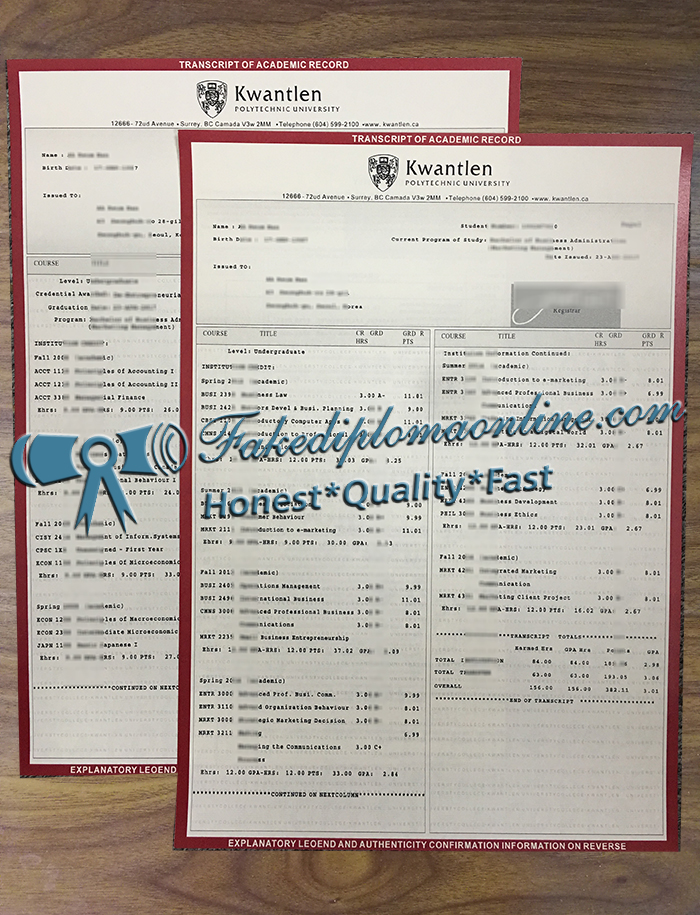 Kwantlen Polytechnic University transcript
