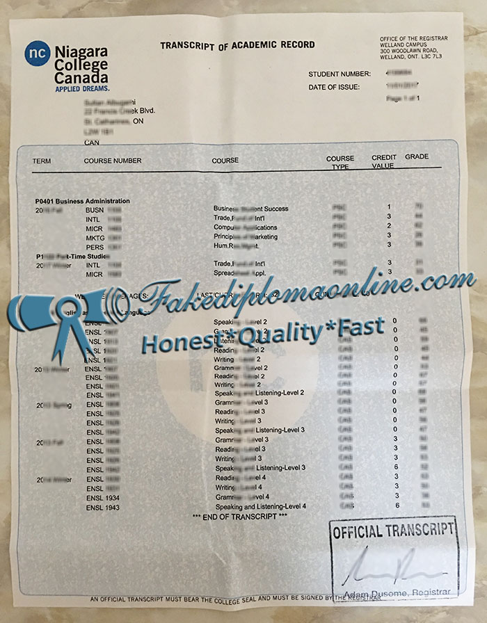 Niagara College official transcript