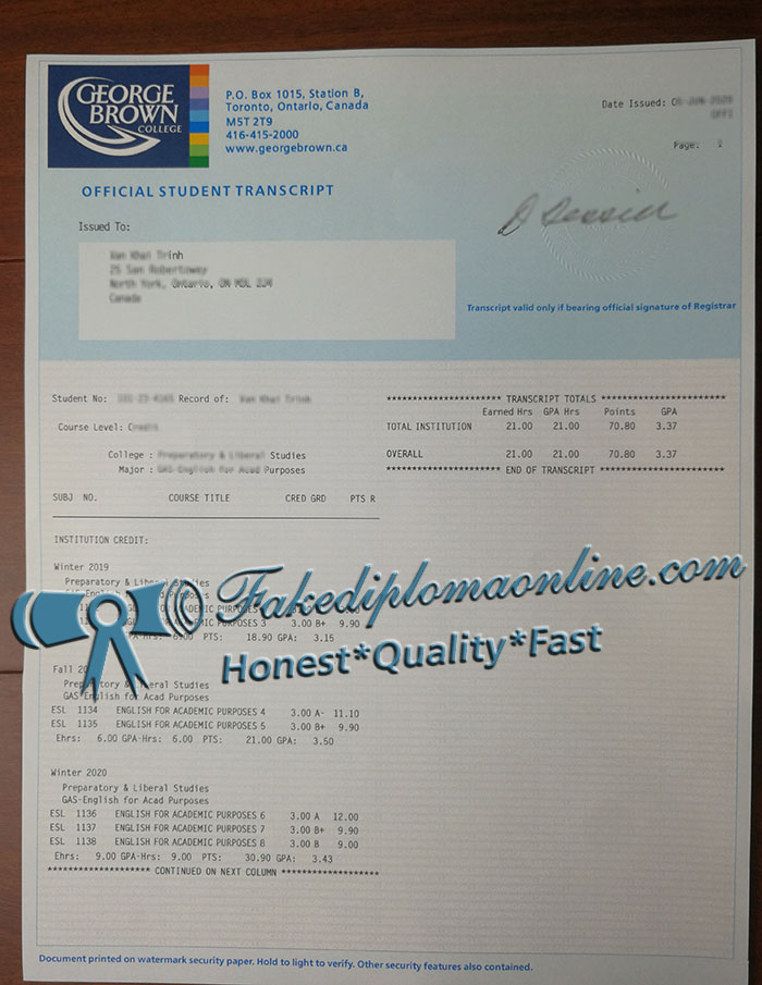 George Brown College official transcript 