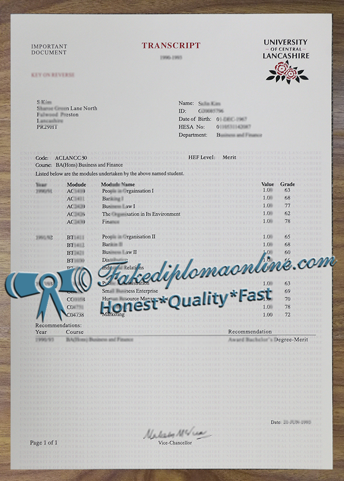 University of Central Lancashire transcript