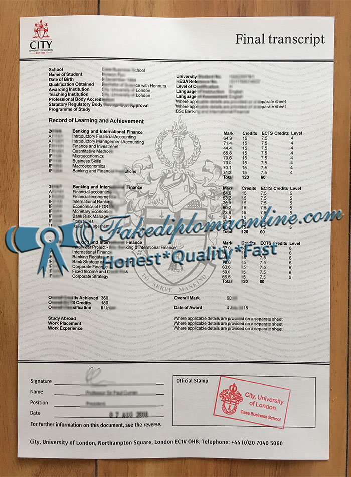 City University of London transcript
