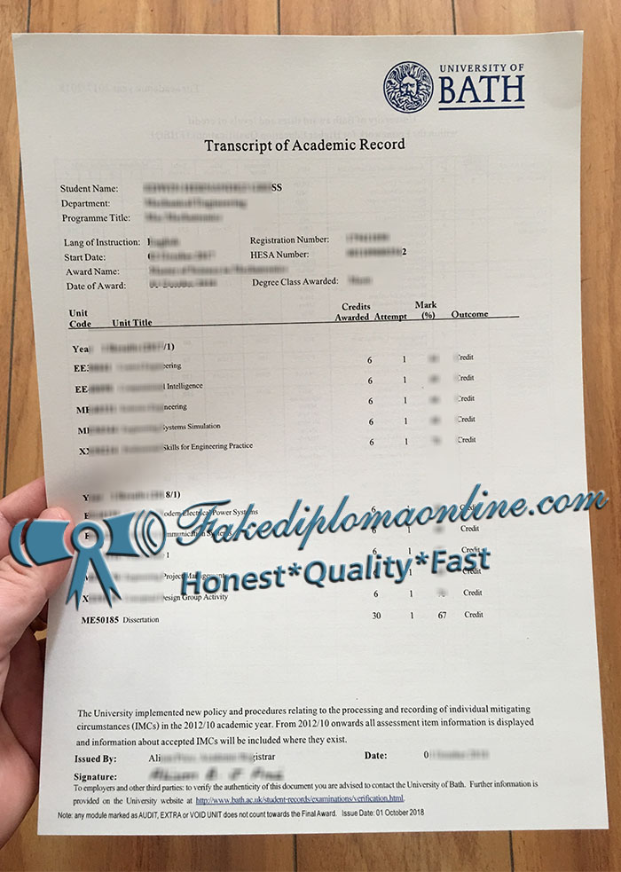 University of Bath transcript