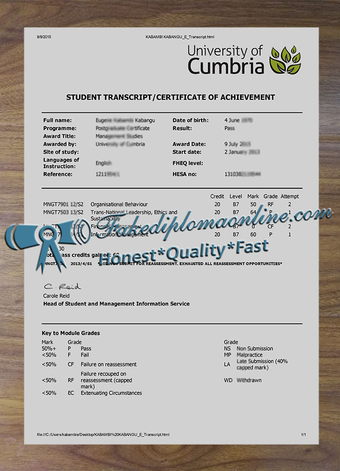 University of Cumbria transcript