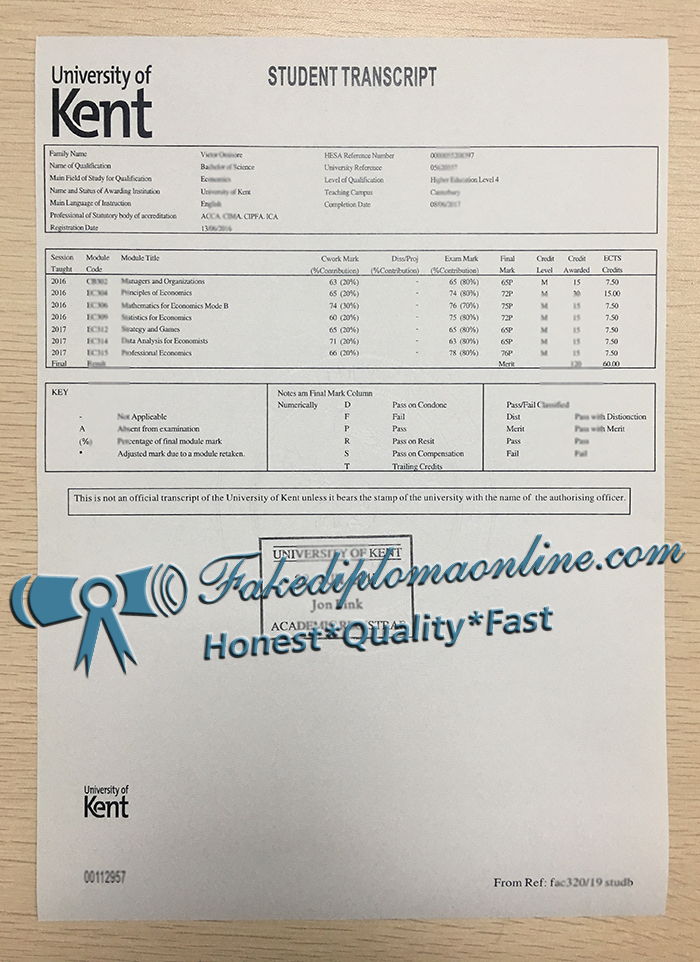 University of Kent Studendt transcript