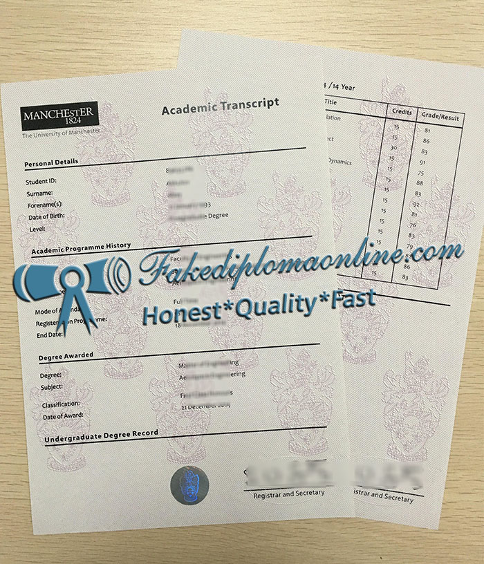 University of Manchester official transcript
