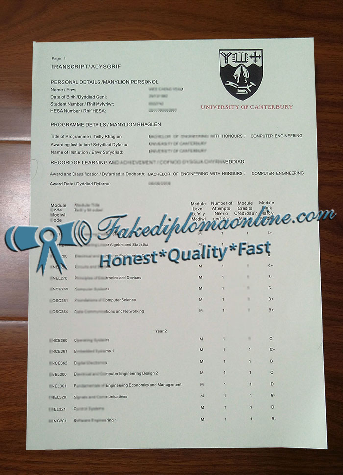 University of Canterbury transcript