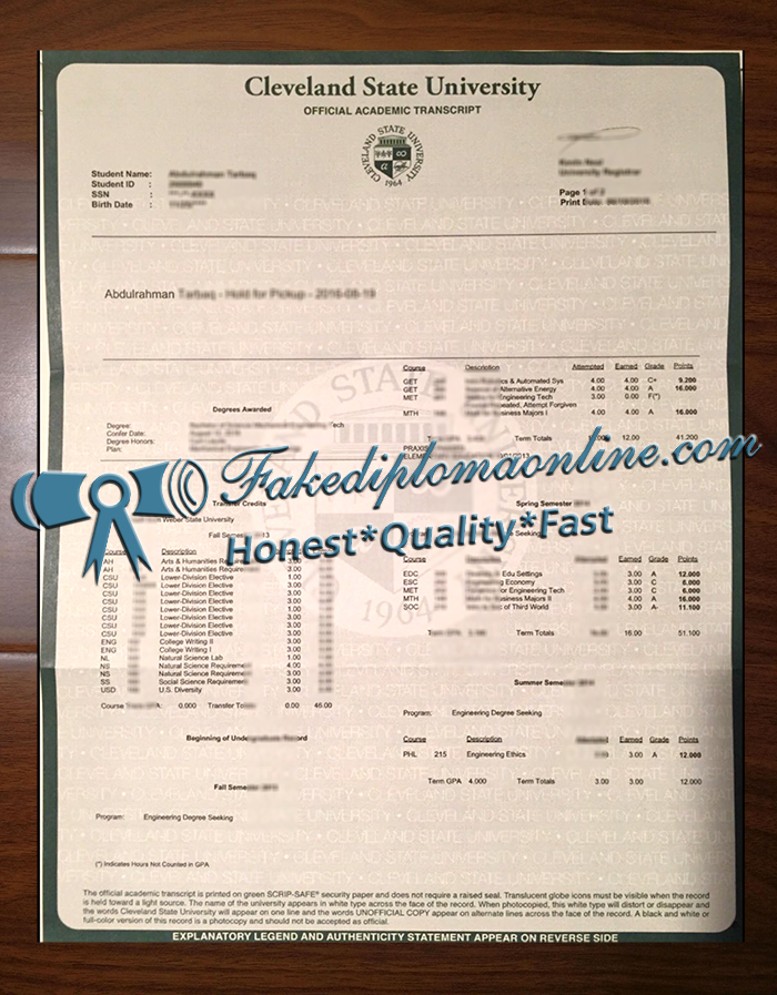 Cleveland State University transcript