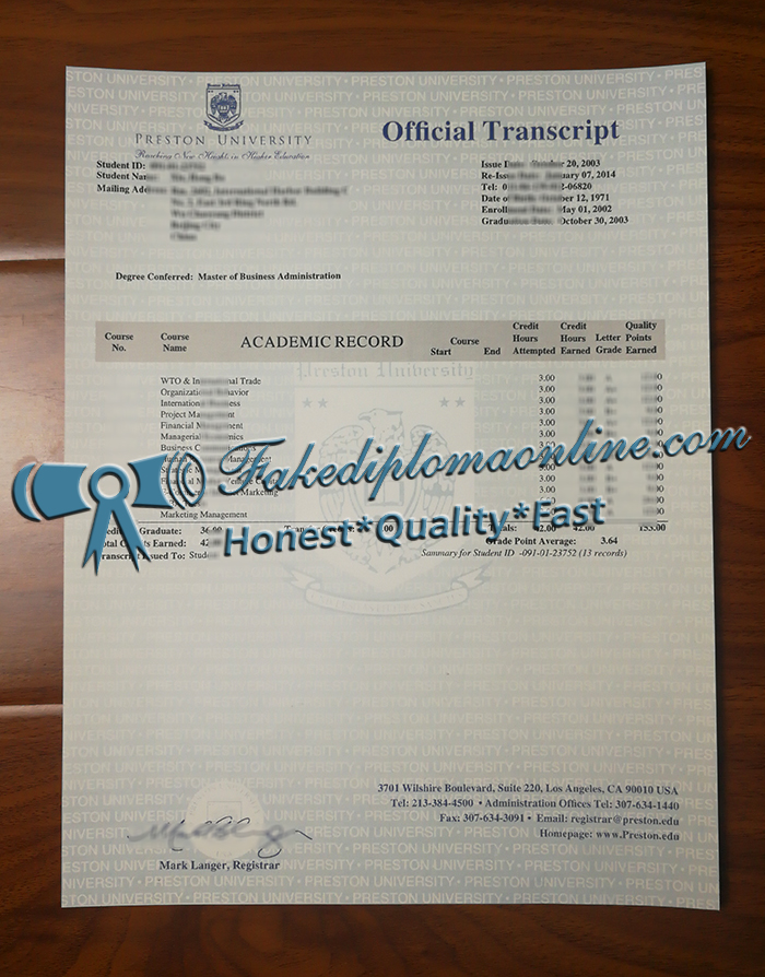 Preston University transcript