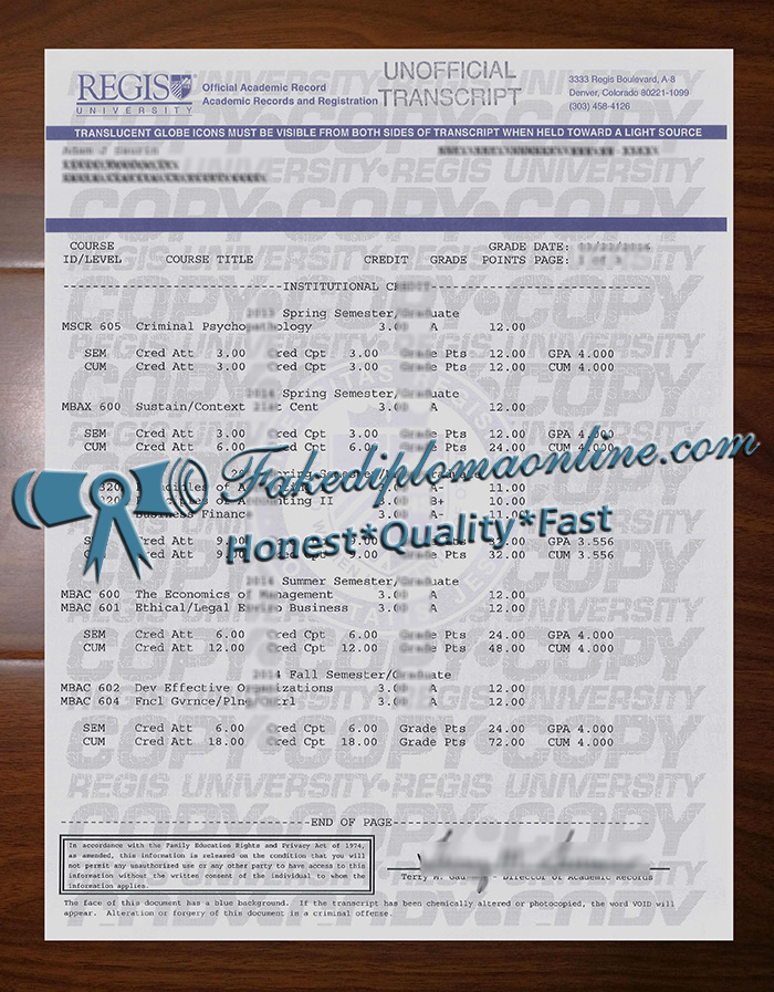 Regis University transcript