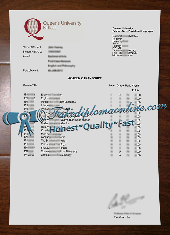 Queen's University Belfast transcript