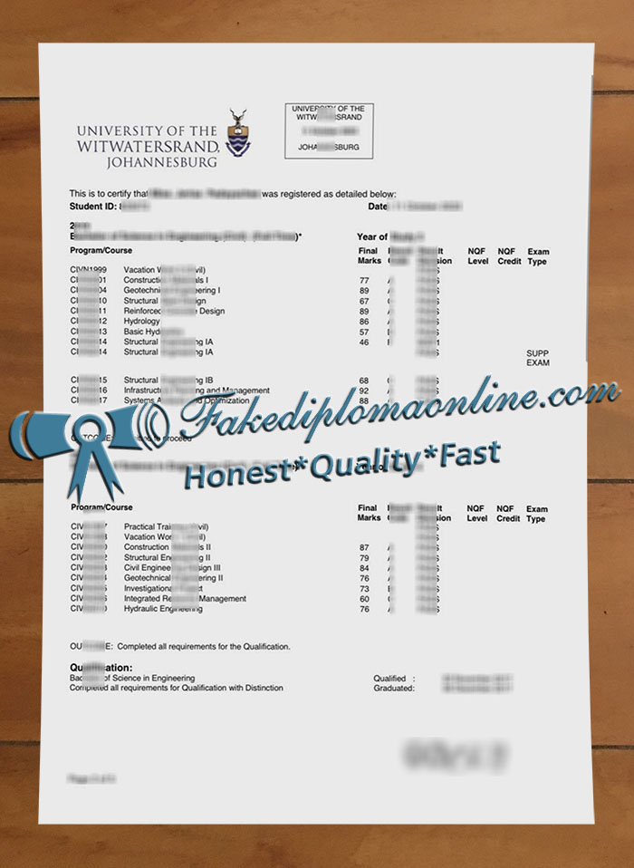 University of the Witwatersrand transcript