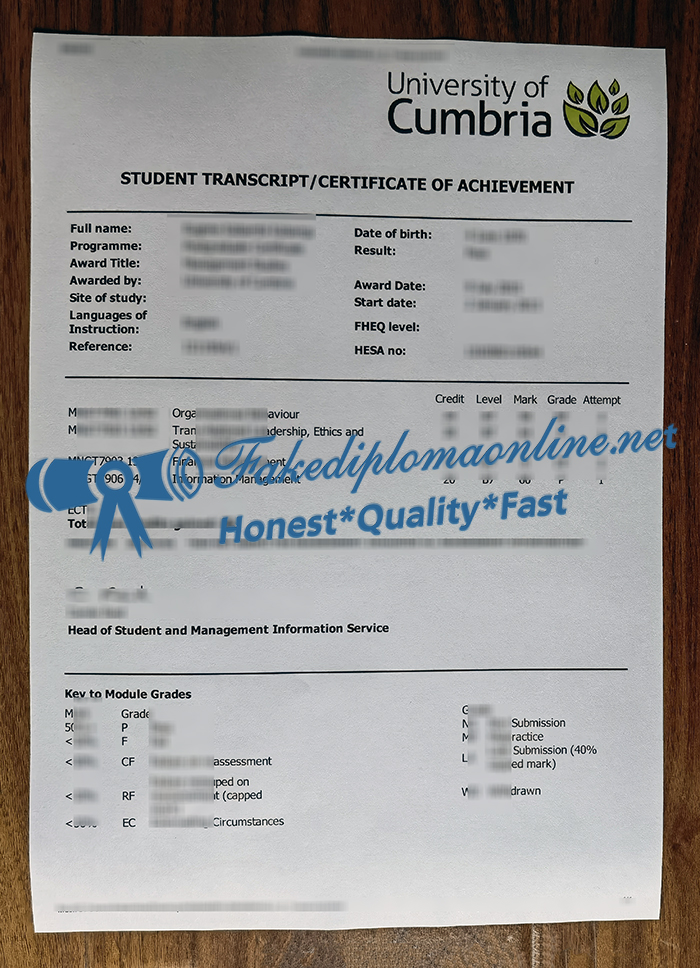 University of Cumbria transcript